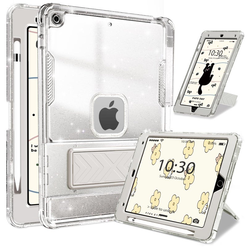 INFILAND Case for iPad 9th/8th/7th Generation 2021/2020/2019 10.2 inch Glitter Clear, Shockproof Protective Cute iPad 7/8/9 Gen Cover with Stand, Pencil Holder for Kids, Girls, Women (Silver) - Image 1