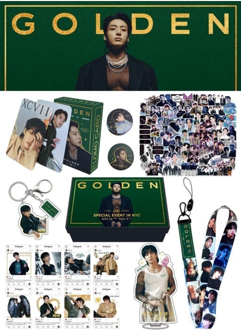 BTS Member JUNGKOOK New Album GOLDEN Gift Box Set With Lomo Cards, Acrylic Stand, Hand Account Tape, Lanyard, Stickers, Photo Card