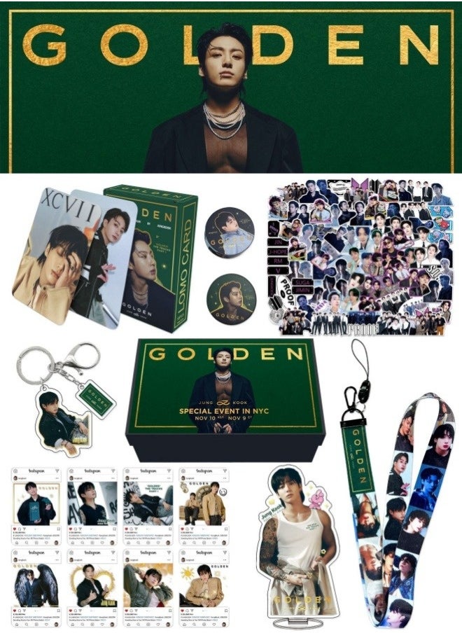 BTS Member JUNGKOOK New Album GOLDEN Gift Box Set With Lomo Cards, Acrylic Stand, Hand Account Tape, Lanyard, Stickers, Photo Card