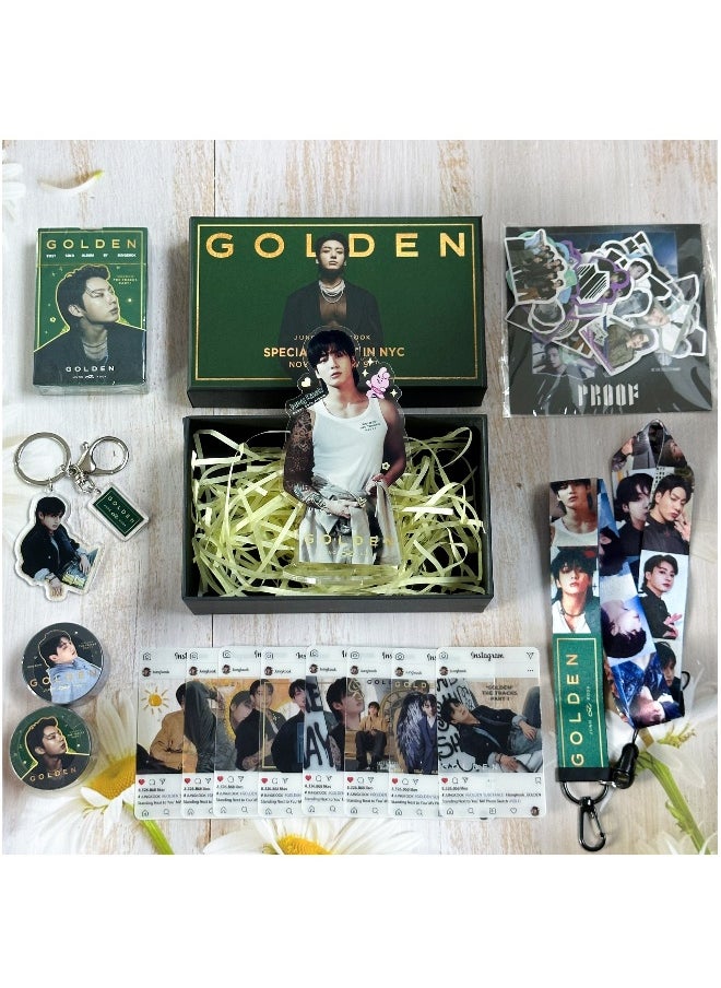BTS Member JUNGKOOK New Album GOLDEN Gift Box Set With Lomo Cards, Acrylic Stand, Hand Account Tape, Lanyard, Stickers, Photo Card