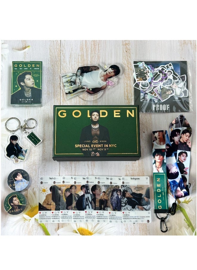 BTS Member JUNGKOOK New Album GOLDEN Gift Box Set With Lomo Cards, Acrylic Stand, Hand Account Tape, Lanyard, Stickers, Photo Card