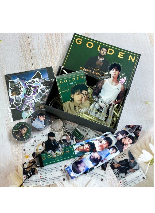 BTS Member JUNGKOOK New Album GOLDEN Gift Box Set With Lomo Cards, Acrylic Stand, Hand Account Tape, Lanyard, Stickers, Photo Card