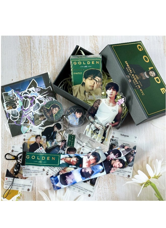 BTS Member JUNGKOOK New Album GOLDEN Gift Box Set With Lomo Cards, Acrylic Stand, Hand Account Tape, Lanyard, Stickers, Photo Card