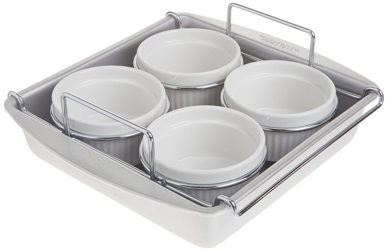chicago metallic Chicago Metallic Professional 6Piece Creme Brulee Set with 4 Porcelain Ramekins 8inch Square Pan and Wire Rack