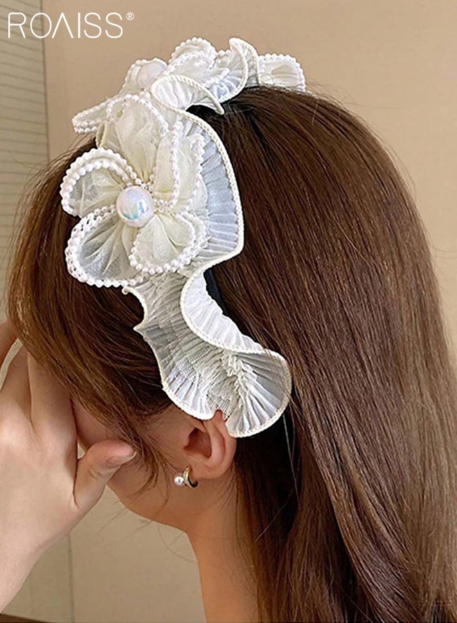 roaiss 2 Pcs Pearl Flower Headbands, Wide Beaded Ruffle Hair Band, Bohemian Floral Headband Non-slip Elegant Hairbands Fashion Accessories for Women - Image 2