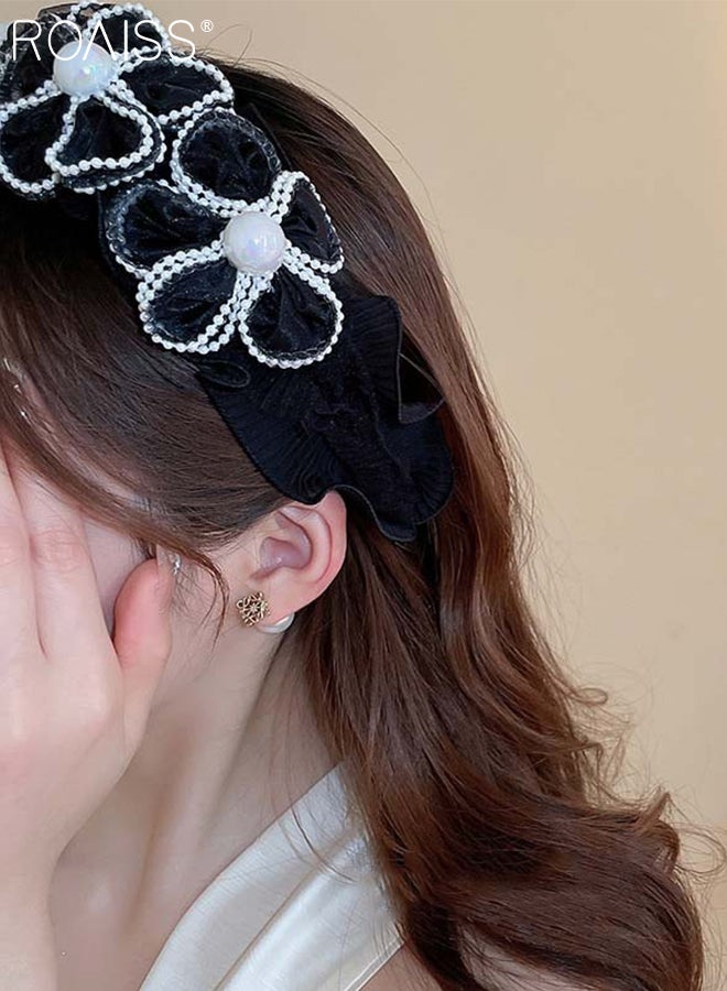 roaiss 2 Pcs Pearl Flower Headbands, Wide Beaded Ruffle Hair Band, Bohemian Floral Headband Non-slip Elegant Hairbands Fashion Accessories for Women - Image 3