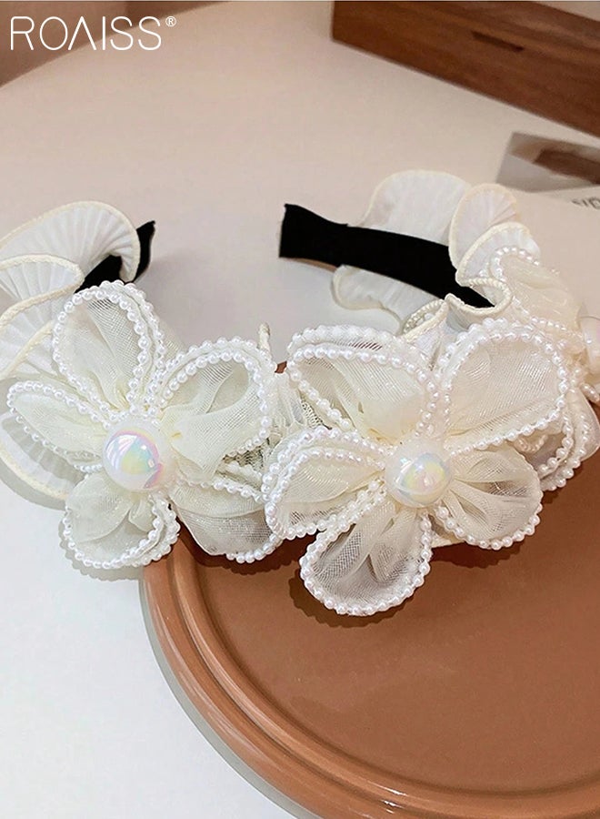 roaiss 2 Pcs Pearl Flower Headbands, Wide Beaded Ruffle Hair Band, Bohemian Floral Headband Non-slip Elegant Hairbands Fashion Accessories for Women - Image 4