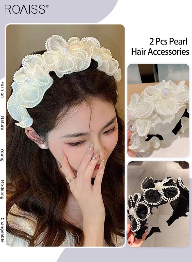 roaiss 2 Pcs Pearl Flower Headbands, Wide Beaded Ruffle Hair Band, Bohemian Floral Headband Non-slip Elegant Hairbands Fashion Accessories for Women - Image 1