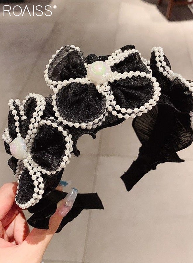 roaiss 2 Pcs Pearl Flower Headbands, Wide Beaded Ruffle Hair Band, Bohemian Floral Headband Non-slip Elegant Hairbands Fashion Accessories for Women - Image 5