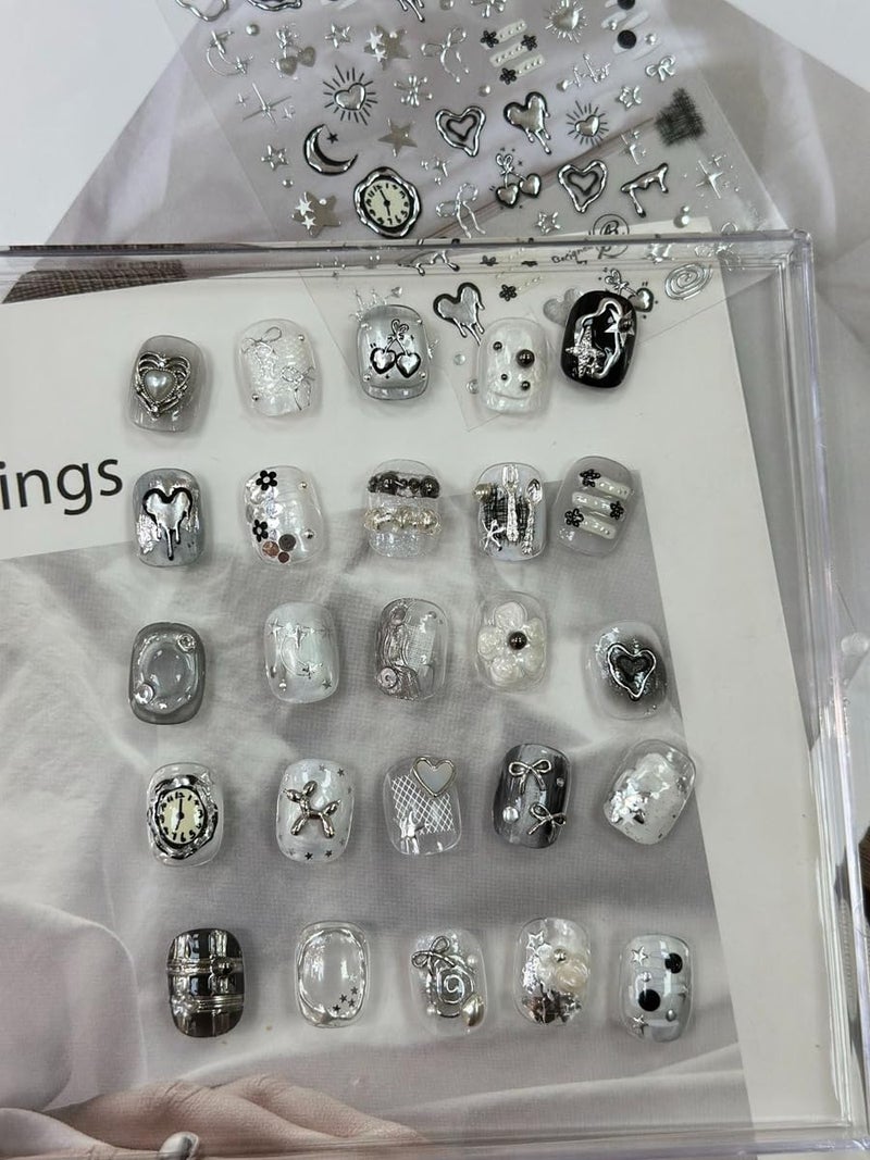 NBNTGH Silver Nail Art Stickers Heart Star Nail Decals with Metal Design 5D Embossed Self Adhesive Clock Nails Stickers Charms Supply for Women Manicure DIY Decorations - Image 4