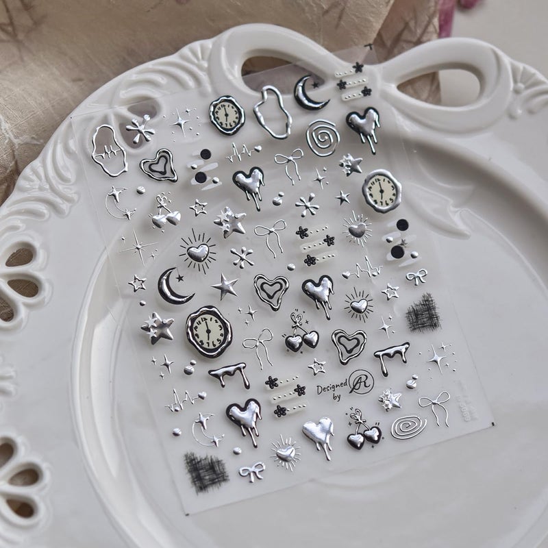 NBNTGH Silver Nail Art Stickers Heart Star Nail Decals with Metal Design 5D Embossed Self Adhesive Clock Nails Stickers Charms Supply for Women Manicure DIY Decorations - Image 3