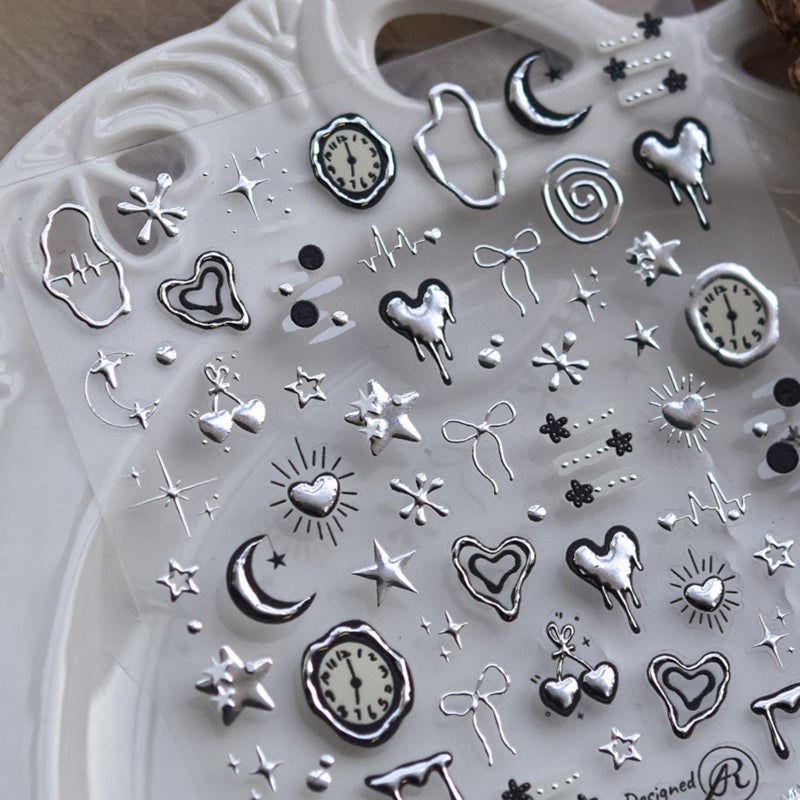 NBNTGH Silver Nail Art Stickers Heart Star Nail Decals with Metal Design 5D Embossed Self Adhesive Clock Nails Stickers Charms Supply for Women Manicure DIY Decorations - Image 1