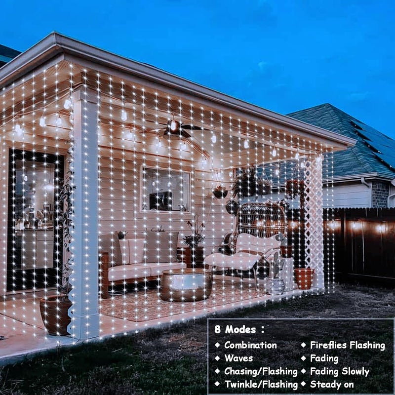 echosari Curtain Lights Battery Operated, 200 LED Curtain Fairy Lights 6.6×6.6ft with Remote Timer Outdoor Wall Light Fully Waterproof for Wedding Backdrops Bedroom Decor (Cool White) - Image 3