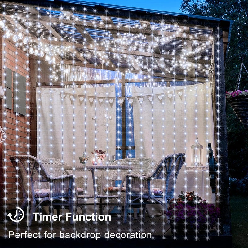 echosari Curtain Lights Battery Operated, 200 LED Curtain Fairy Lights 6.6×6.6ft with Remote Timer Outdoor Wall Light Fully Waterproof for Wedding Backdrops Bedroom Decor (Cool White) - Image 4