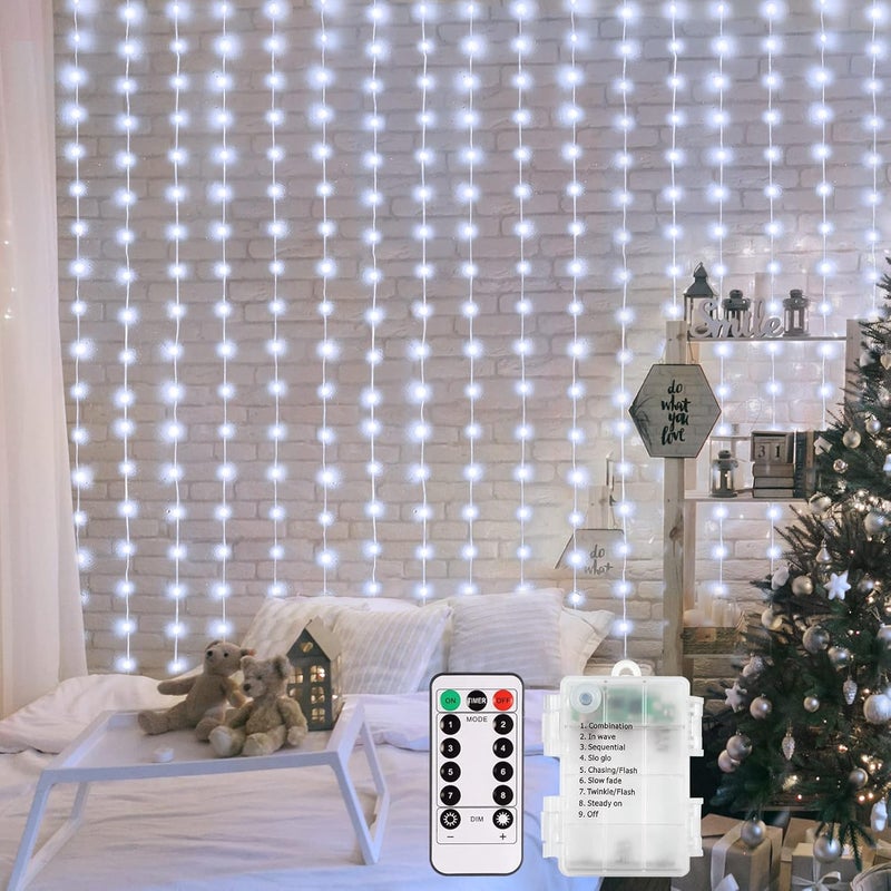 echosari Curtain Lights Battery Operated, 200 LED Curtain Fairy Lights 6.6×6.6ft with Remote Timer Outdoor Wall Light Fully Waterproof for Wedding Backdrops Bedroom Decor (Cool White) - Image 1