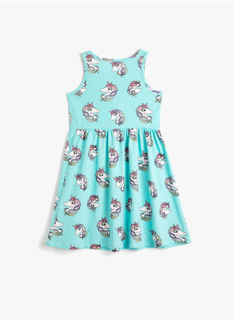 KOTON Midi Dress Sleeveless Round Neck Unicorn Printed Cotton