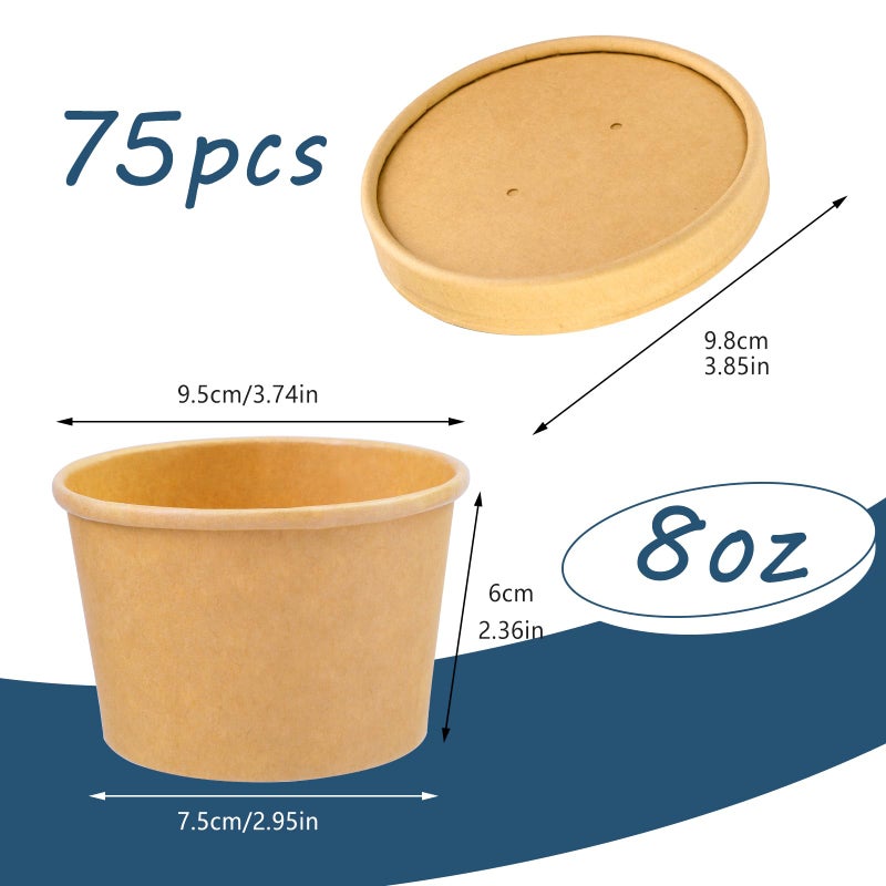 Giwrmu 8 oz 75 Pack Paper Soup Cup Disposable  Paper Food Containers with Lids  Kraft Ice Cream Container for Soups  Stews  Ice Creams  Sorbet and Salads - Image 1