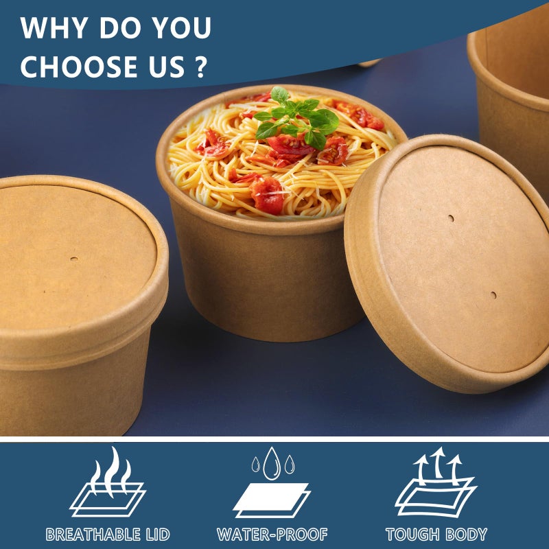 Giwrmu 8 oz 75 Pack Paper Soup Cup Disposable  Paper Food Containers with Lids  Kraft Ice Cream Container for Soups  Stews  Ice Creams  Sorbet and Salads - Image 3