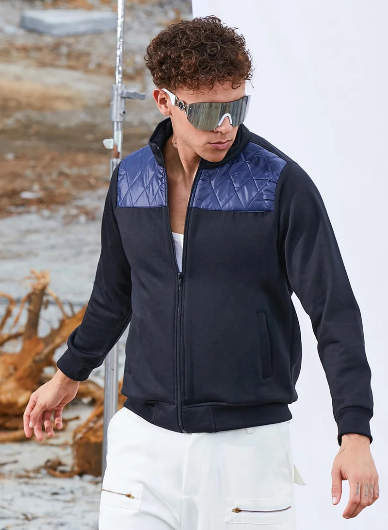 Men's Black & Blue Zip-Front Jacket With Quilted Detail