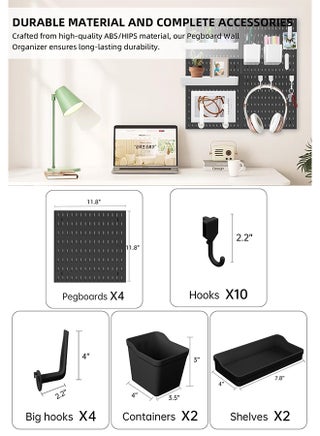 Pegboard Combination Kit, 4-Pack Pegboards and 18 Accessories Modular Hanging, Plastic Display Pegboard Panel Kits, Wall Organizer Organizer for Home, Office (Black) - view 2