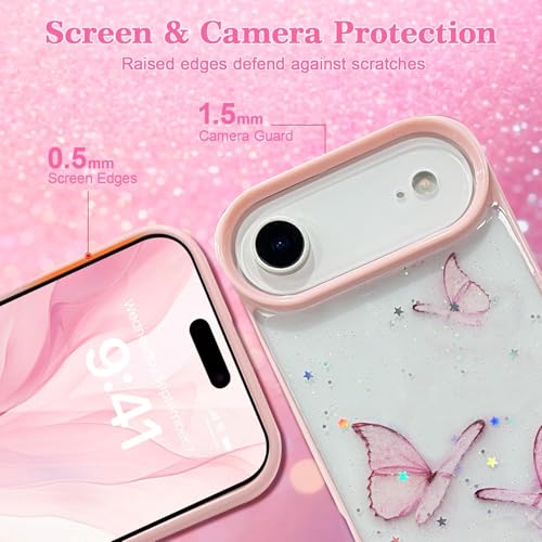 VONZEE Glitter Butterfly Back Cover Case Compatible with iPhone 17 Air, Clear Cute Bling Sparkle Shiny Soft TPU Bumper Shockproof Women Girls Slim Protective Phone Cover for iPhone 17 Air 6.6",Pink - Image 5