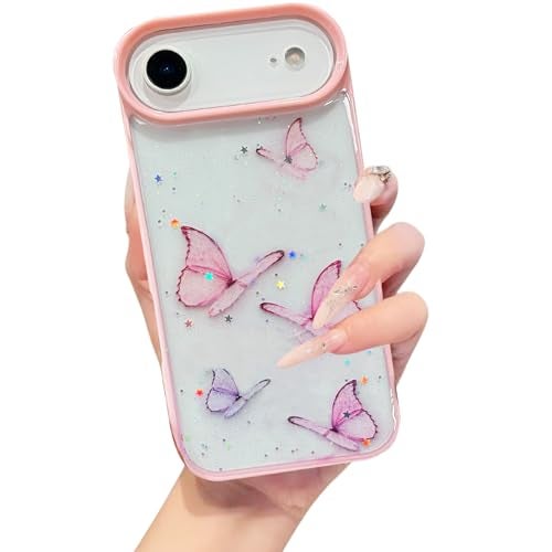 VONZEE Glitter Butterfly Back Cover Case Compatible with iPhone 17 Air, Clear Cute Bling Sparkle Shiny Soft TPU Bumper Shockproof Women Girls Slim Protective Phone Cover for iPhone 17 Air 6.6",Pink - Image 1