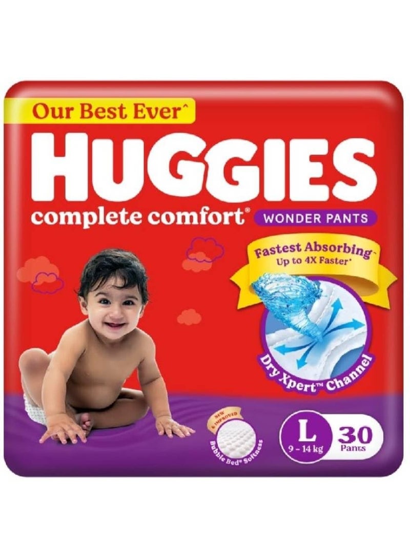 Huggies Complete Comfort Wonder Pants Large (L) Size (9-14 Kgs) Baby Diaper Pants, 30 count| India's Fastest Absorbing Diaper with upto 4x faster absorption | Unique Dry Xpert Channel - Image 1