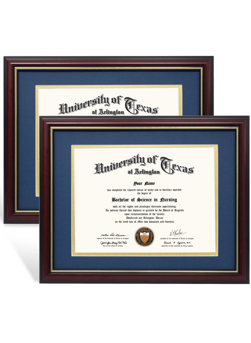 GraduationMall GraduationMall 85x11 Diploma Frame with Navy over Gold Mat or Display 11x14 Certificate without MatSolid Wood  UV Protection AcrylicCherry Finish with Gold Trim2 Pack 
