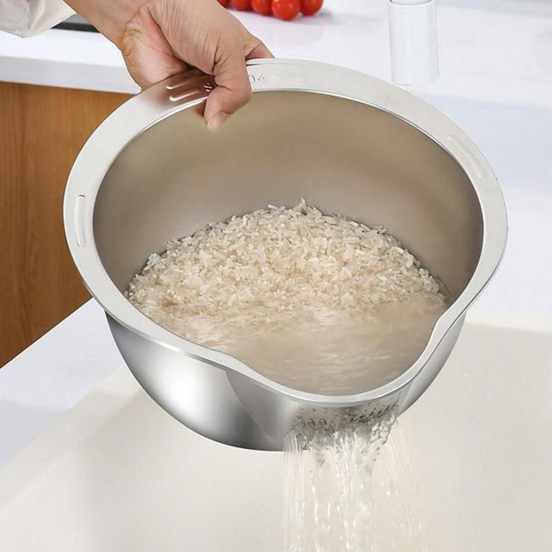 MVM Enterprise 1PCS Rice Washer Strainer Bowl Rice Cleaner Strainer Rice Washing Strainer Bowl with Side Drain Spoon Stainless Steel Colander for Cleaning Fruits Vegetables and Beans - Image 2