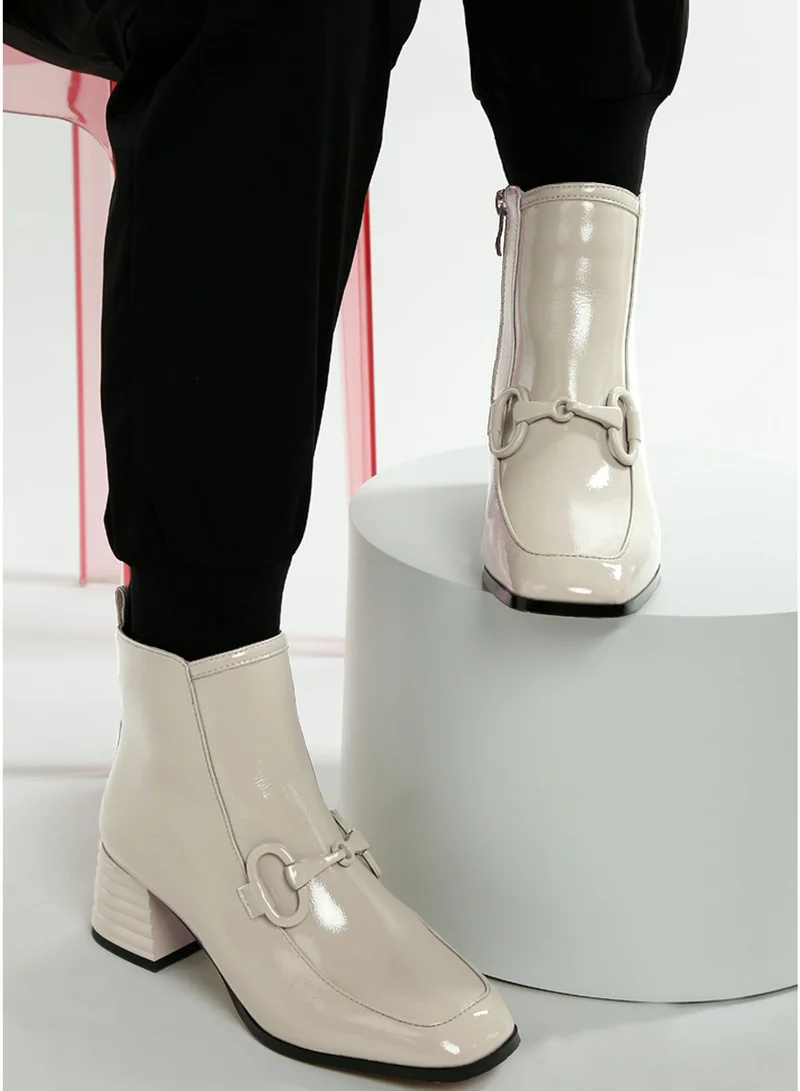 London Rag Textured Block Heel Ankle Boots in Beige