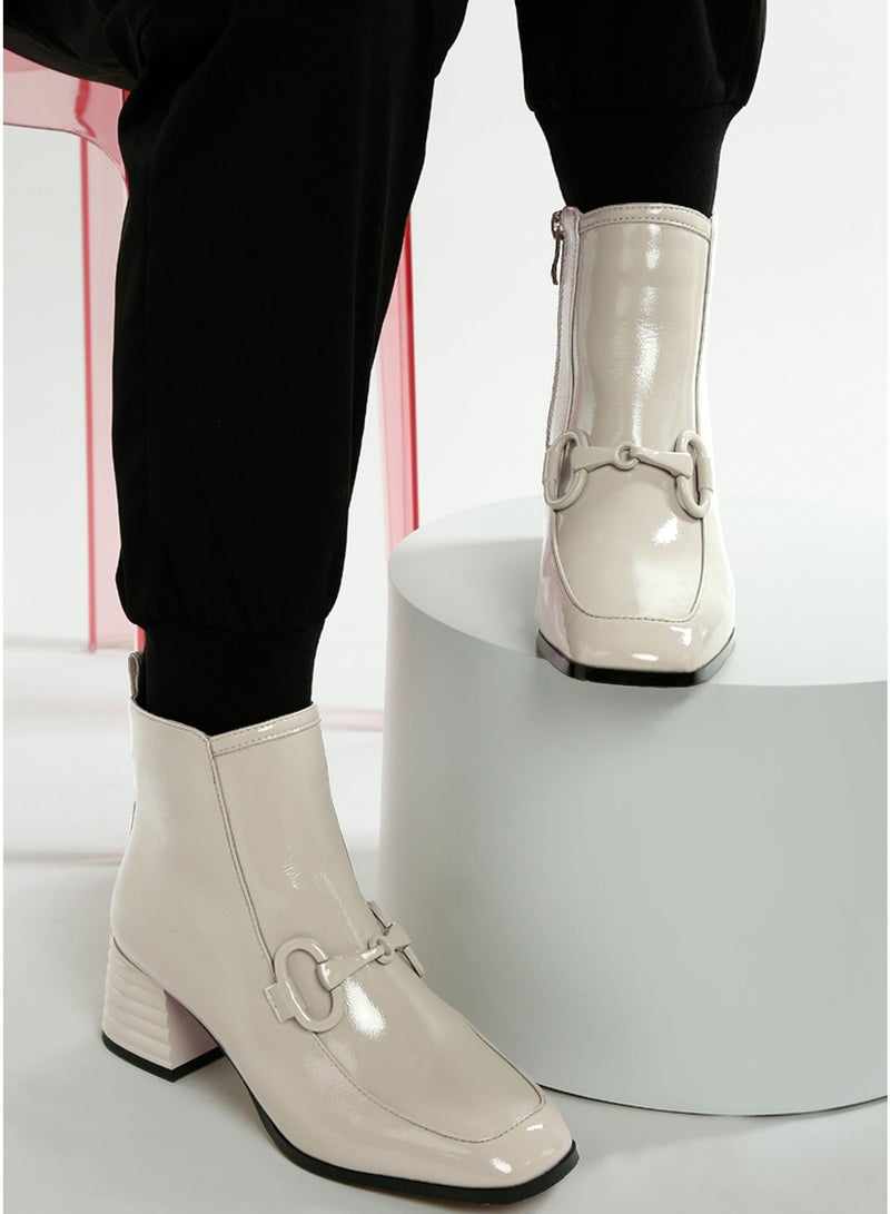 London Rag Textured Block Heel Ankle Boots in Beige - Image 2