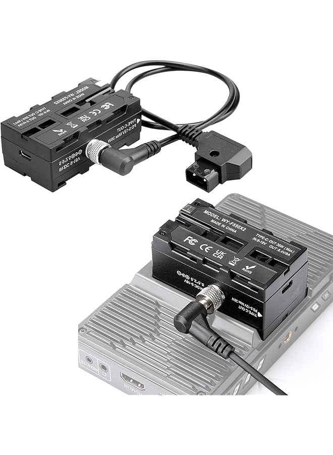 PROMASS D-Tap to NP-F550 Dummy Battery,Double-Sided NPF 570/770/970 Battery Coiled Cable with Type-C Port Power 3 Devices Compatible with LED Light, Feelworld,Atomos Ninja/Shinobi Monitor/Transmitter etc - Image 1