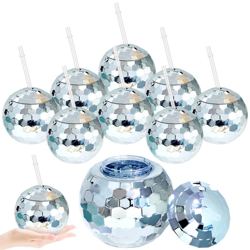 Breroa 8 Pieces 70s Disco Flash Ball Drinks Cups with Lid and Straw 20 Ounce Disco Party Cups 1970s Mirror Disco Cocktail Cups Sparkly Glitter Disco Bar Party Supplies Silver