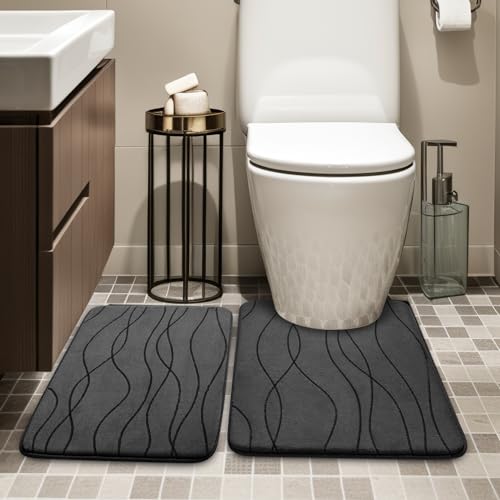 YIHOUSE Memory Foam Grey Bathroom Rug Sets 2 Piece Ultra Absorbent Bath Mat for Bathroom NonSlip Machine Washable Dry Quickly 2 Piece Bathroom Mat Set Dark Grey - Image 3
