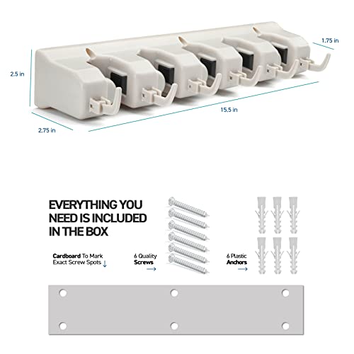 Home-it HOME IT Mop And Broom Holder Wall Mount - Garage Storage Systems with 5 Slots, 6 Hooks, 7.5lbs Capacity Per Slot - Garden Tool Organizer For Home, Kitchen, Closet, Garage, Laundry Room - Off-White - Image 2
