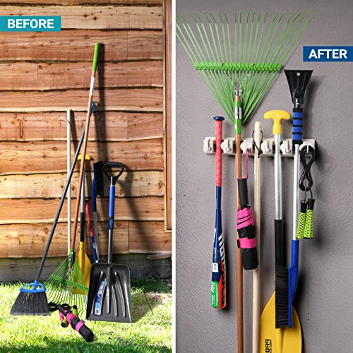 Home-it HOME IT Mop And Broom Holder Wall Mount - Garage Storage Systems with 5 Slots, 6 Hooks, 7.5lbs Capacity Per Slot - Garden Tool Organizer For Home, Kitchen, Closet, Garage, Laundry Room - Off-White - Image 3