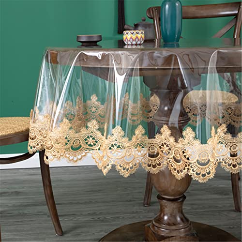 Jeloris Plastic Clear Round Tablecloth Vinyl PVC Waterproof Tablecloth Embroidered Lace Edge Transparent Table Cover for Kitchen Dining Coffee Table (Round 43 inch, Brown) - Image 4