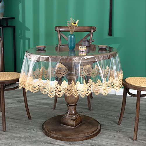 Jeloris Plastic Clear Round Tablecloth Vinyl PVC Waterproof Tablecloth Embroidered Lace Edge Transparent Table Cover for Kitchen Dining Coffee Table (Round 43 inch, Brown) - Image 2