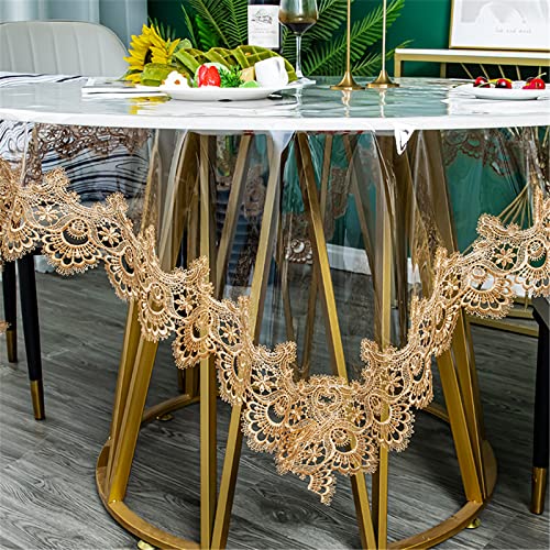 Jeloris Plastic Clear Round Tablecloth Vinyl PVC Waterproof Tablecloth Embroidered Lace Edge Transparent Table Cover for Kitchen Dining Coffee Table (Round 43 inch, Brown) - Image 1