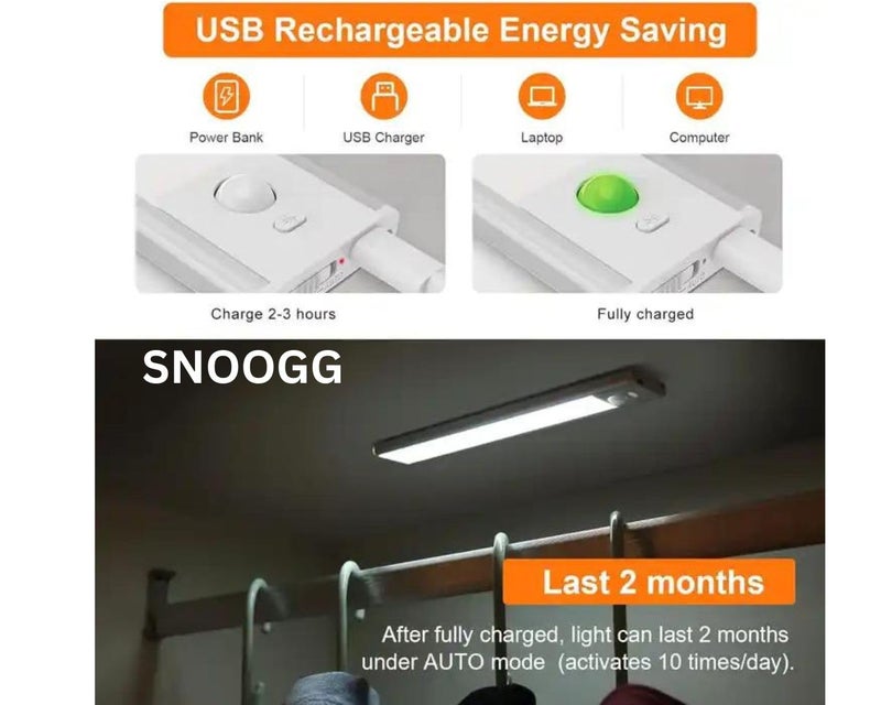 SNOOGG 1 Pack LED Under Cabinet Lights – Auto Motion Sensor, 3 Colors, USB Rechargeable, Perfect for Wardrobes, Cupboards, Kitchens, and Stairs, Compact 20cm/8" Design - Image 3