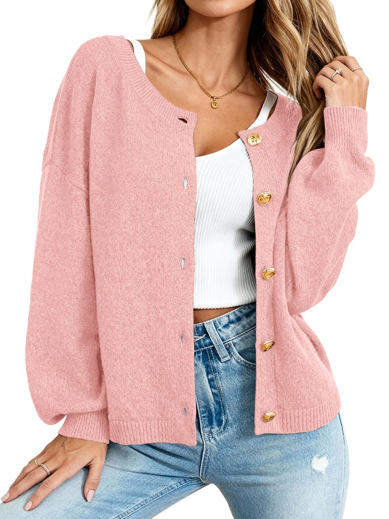 MASCOMODA Fall Long Sleeve Oversized Cardigan Sweaters for Women Trendy Short Open Front Gold Button Up Sweater Jackets(Pink,Medium) - Image 1