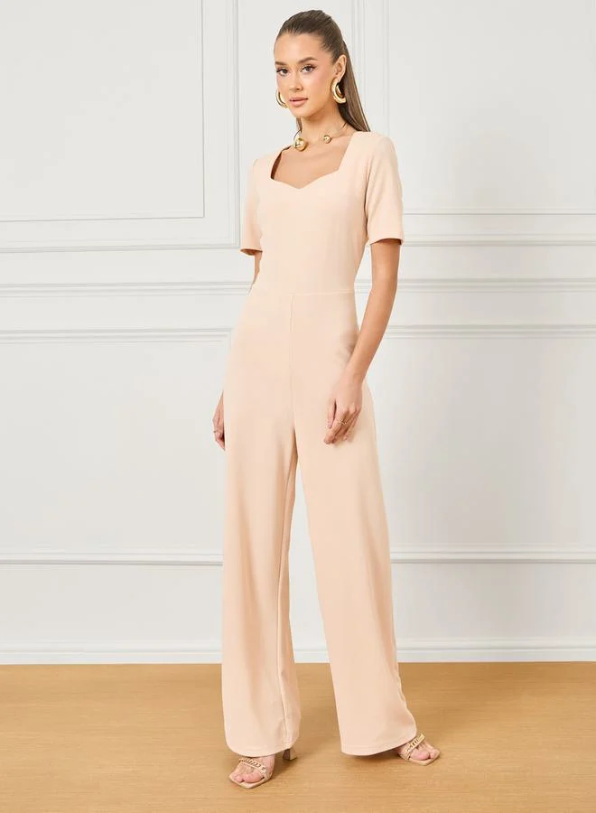 Styli Textured Knit Sweetheart Neck Wide Leg Jumpsuit