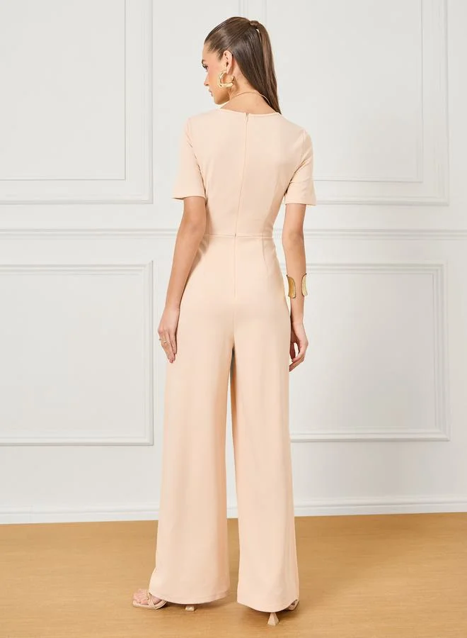 Styli Textured Knit Sweetheart Neck Wide Leg Jumpsuit