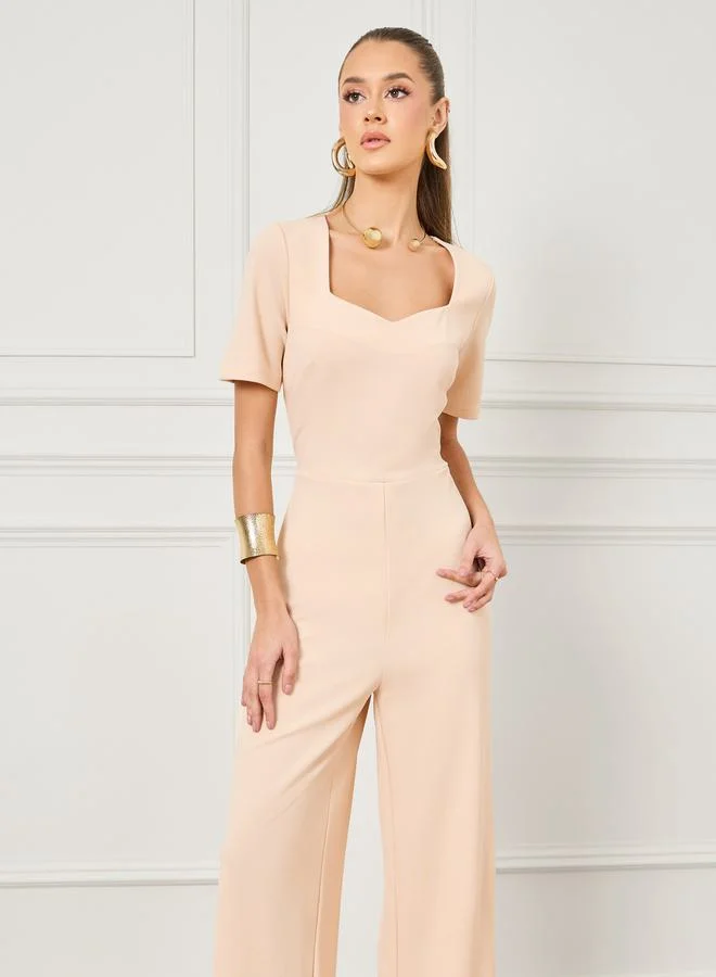 Styli Textured Knit Sweetheart Neck Wide Leg Jumpsuit