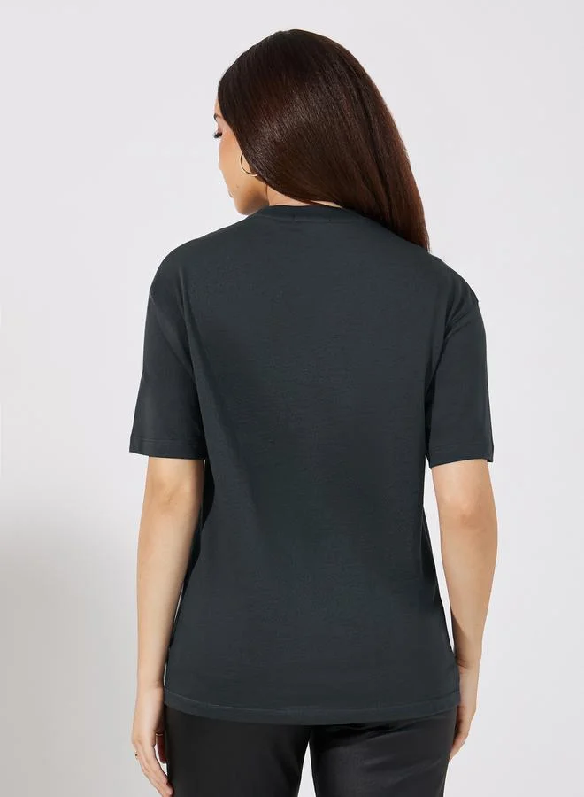 Styli Slogan Detail Print Round Neck Short Sleeve Oversized T-Shirt