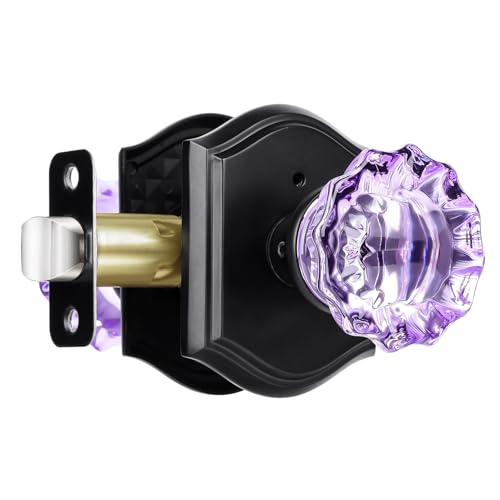 CLCTK Purple Glass Door Knobs Interior with Lock Matte Black Crystal Privacy Door Knobs for Bedroom Bathroom 1 Pack - Image 1