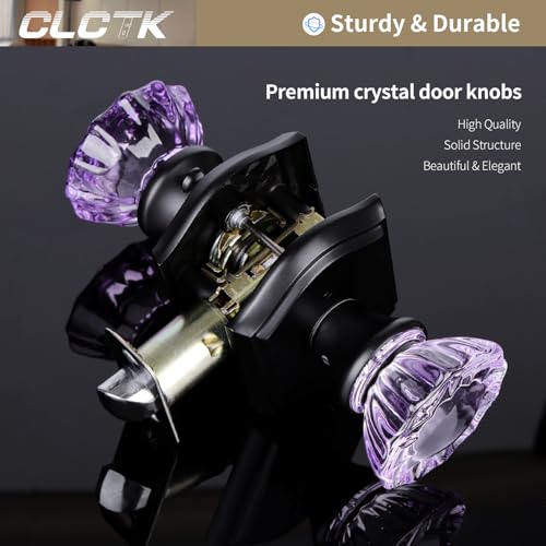 CLCTK Purple Glass Door Knobs Interior with Lock Matte Black Crystal Privacy Door Knobs for Bedroom Bathroom 1 Pack - Image 3