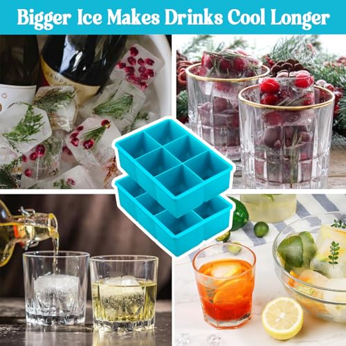 Webake 2 Inch Large Ice Cube Tray, Flexible Ice Mold Silicone Big Ice Cube Trays for Whiskey Cocktails and Treats, BPA Free Blue Square Silicone Mold Pack of 2 - Image 3