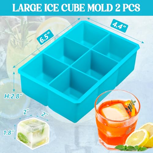 Webake 2 Inch Large Ice Cube Tray, Flexible Ice Mold Silicone Big Ice Cube Trays for Whiskey Cocktails and Treats, BPA Free Blue Square Silicone Mold Pack of 2 - Image 2