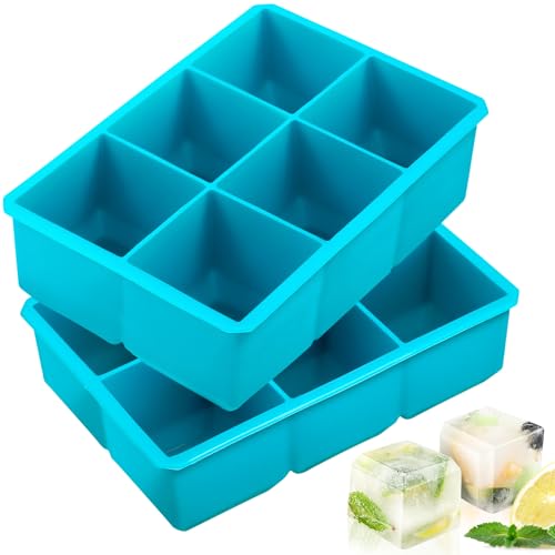 Webake 2 Inch Large Ice Cube Tray, Flexible Ice Mold Silicone Big Ice Cube Trays for Whiskey Cocktails and Treats, BPA Free Blue Square Silicone Mold Pack of 2 - Image 1